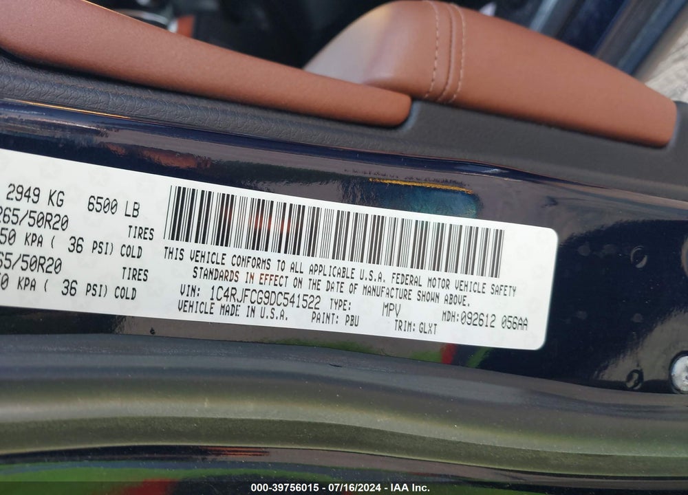 2013 JEEP GRAND CHEROKEE OVERLAND VIN: 1C4RJFCG9DC541522
