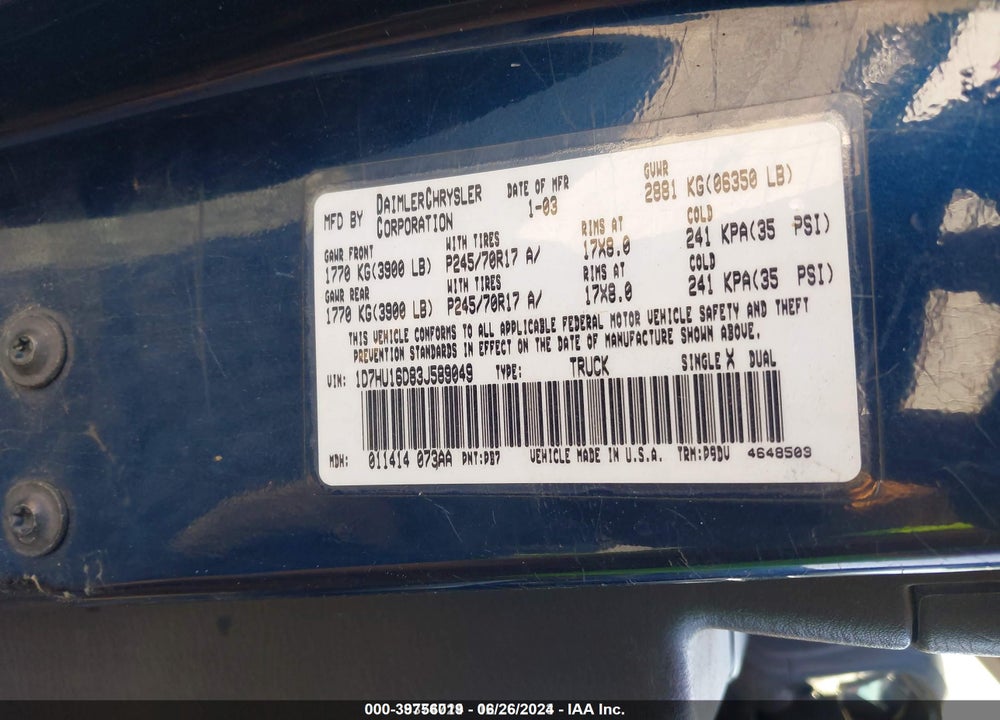 2003 DODGE RAM 1500 SLT/LARAMIE/ST VIN: 1D7HU16D83J589049