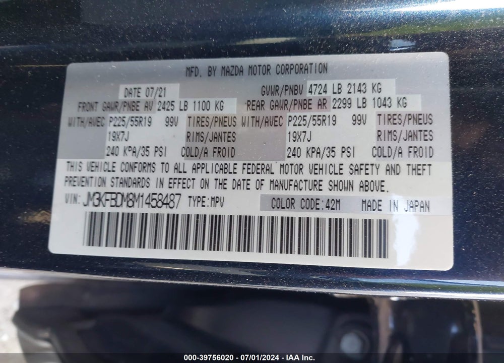 2021 MAZDA CX-5 GRAND TOURING VIN: JM3KFBDM8M1458487