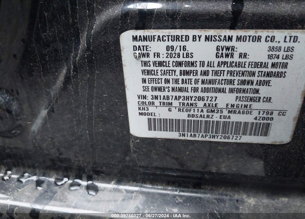 2017 NISSAN SENTRA SR VIN: 3N1AB7AP3HY206727