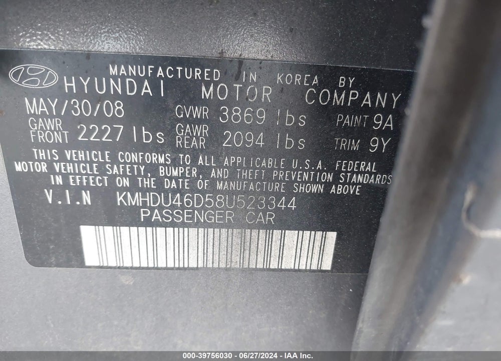 2008 HYUNDAI ELANTRA GLS/SE VIN: KMHDU46D58U523344