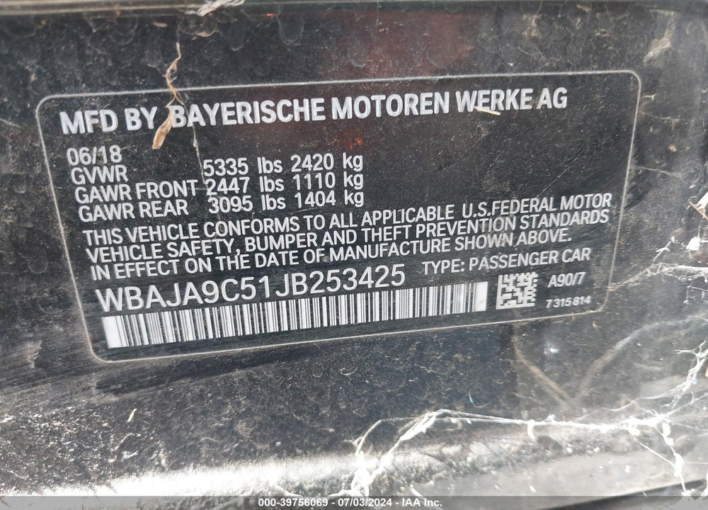 2018 BMW 530E IPERFORMANCE VIN: WBAJA9C51JB253425