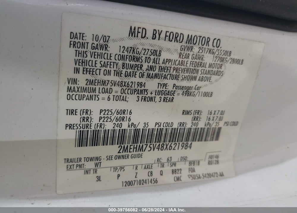 2008 MERCURY GRAND MARQUIS LS VIN: 2MEHM75V48X621984