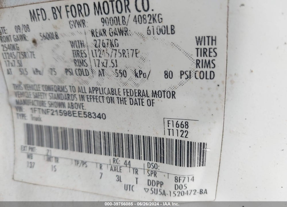2008 FORD F-250 XL/XLT VIN: 1FTNF21598EE58340