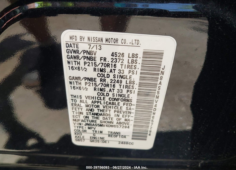 2013 NISSAN ROGUE S VIN: JN8AS5MV4DW657294