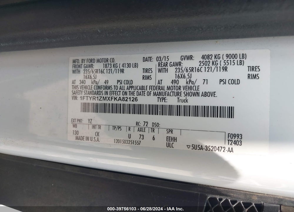2015 FORD TRANSIT-250 VIN: 1FTYR1ZMXFKA82126