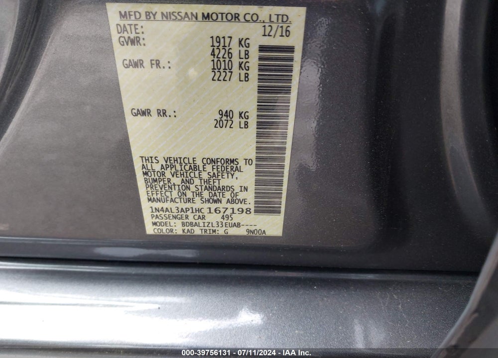 2017 NISSAN ALTIMA 2.5 SV VIN: 1N4AL3AP1HC167198