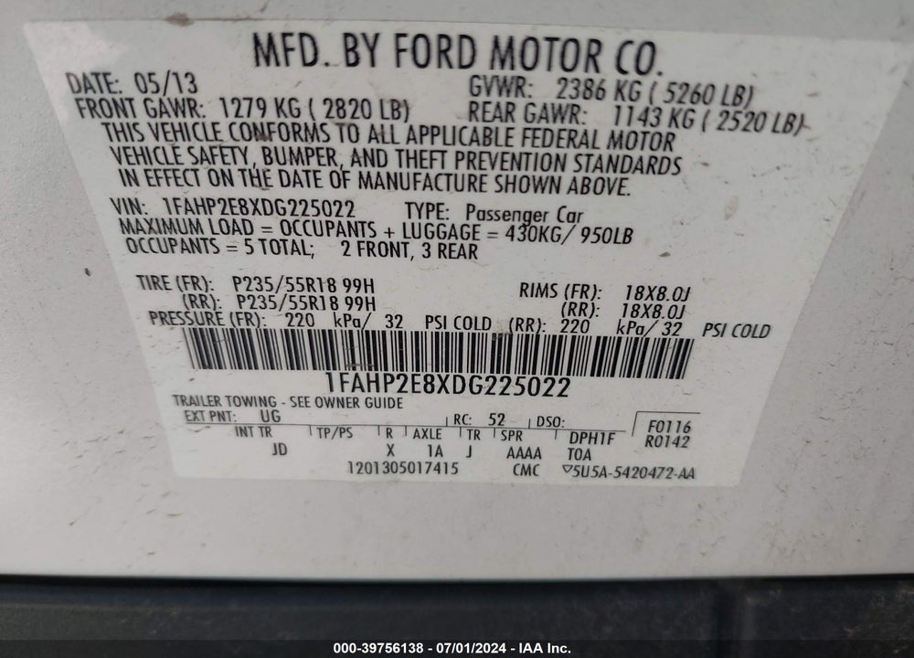 2013 FORD TAURUS SEL VIN: 1FAHP2E8XDG225022