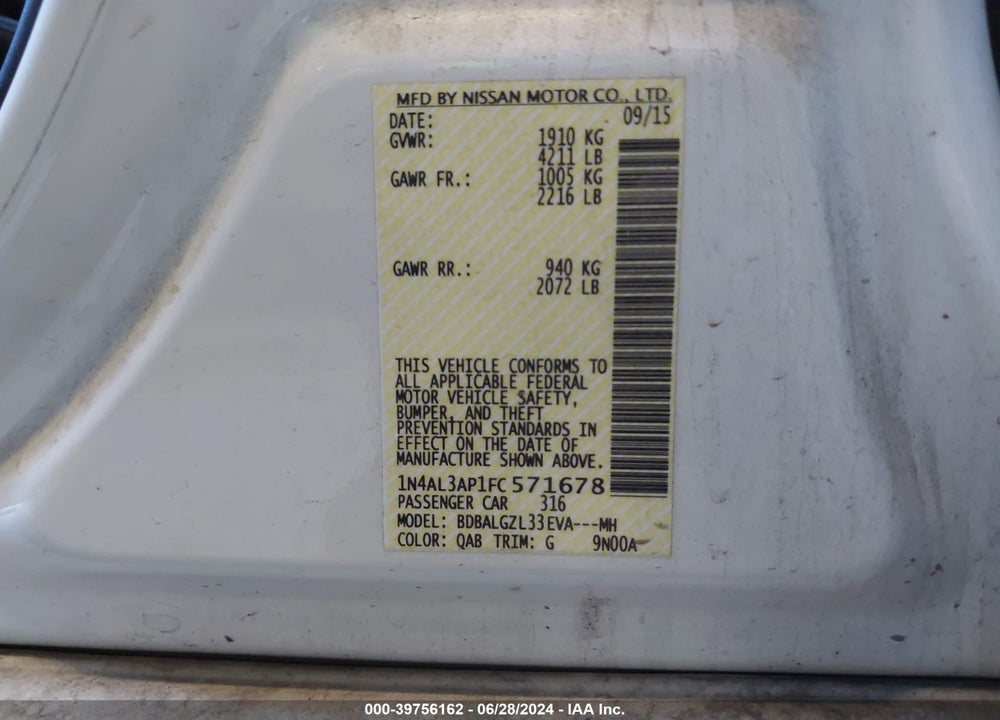 2015 NISSAN ALTIMA 2.5 S VIN: 1N4AL3AP1FC571678