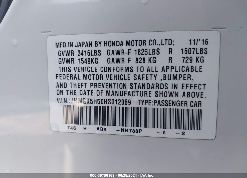 2017 HONDA FIT LX VIN: JHMGK5H50HS012069