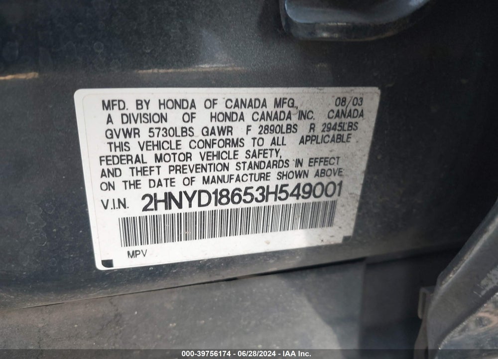 2003 ACURA MDX VIN: 2HNYD18653H549001