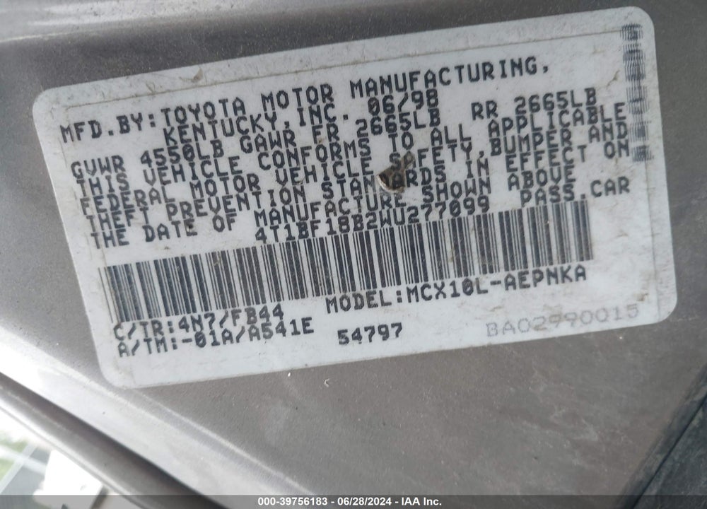 1998 TOYOTA AVALON XL VIN: 4T1BF18B2WU277099