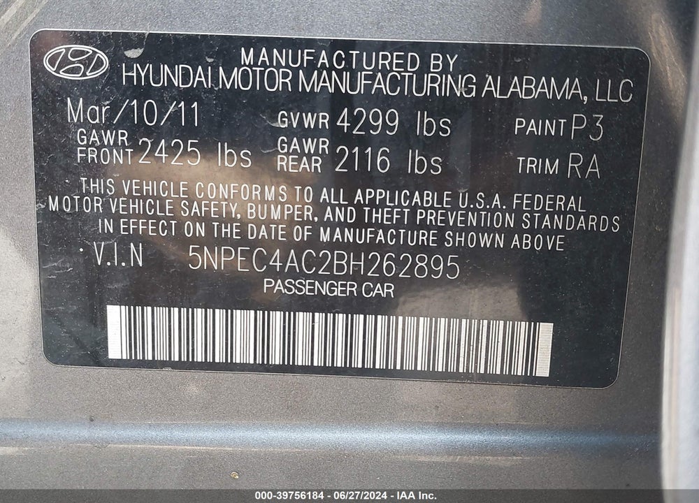 2011 HYUNDAI SONATA LIMITED VIN: 5NPEC4AC2BH262895