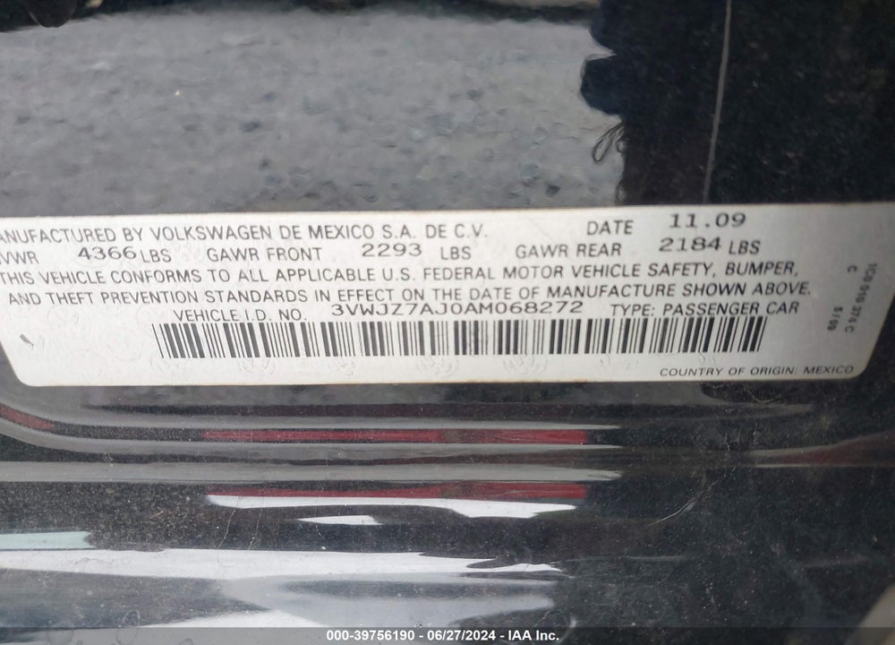 2010 VOLKSWAGEN JETTA S VIN: 3VWJZ7AJ0AM068272