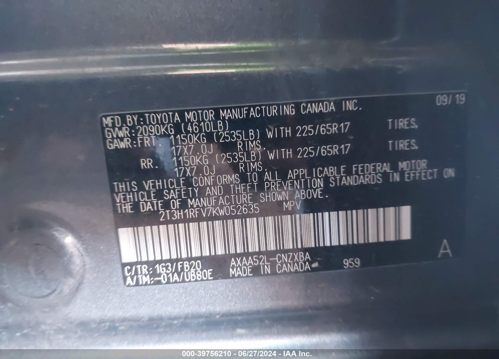 2019 TOYOTA RAV4 LE VIN: 2T3H1RFV7KW052635