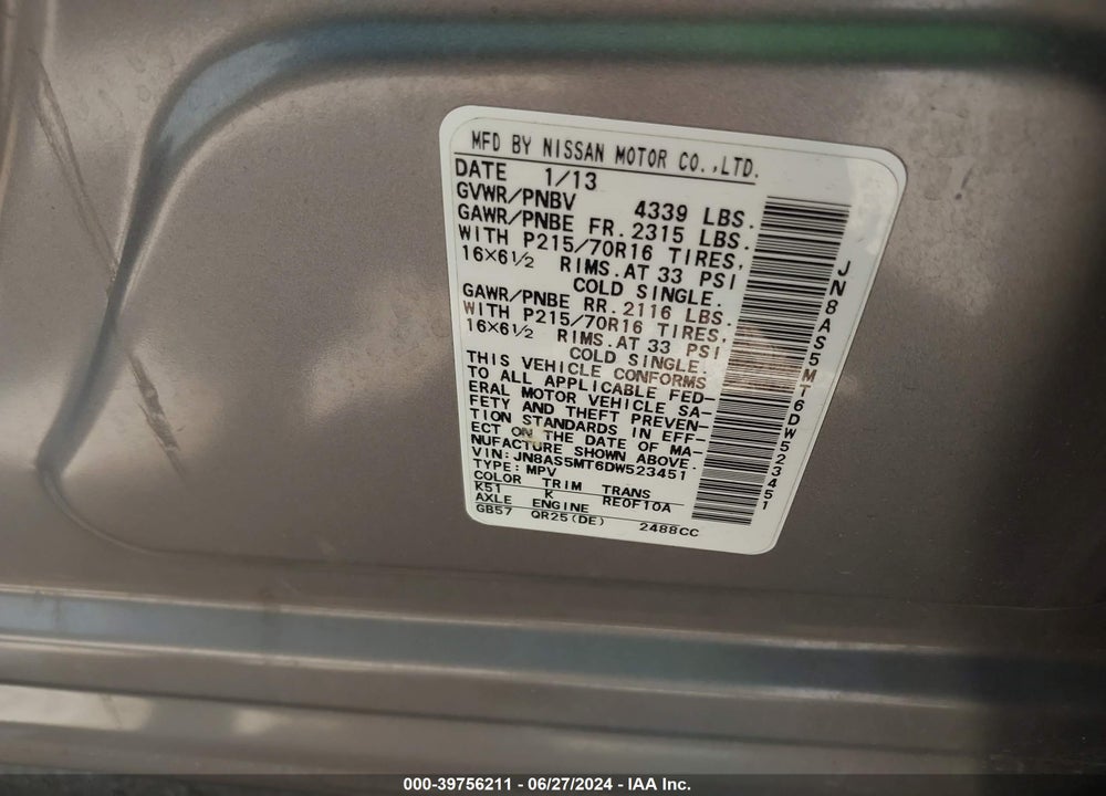 2013 NISSAN ROGUE S VIN: JN8AS5MT6DW523451