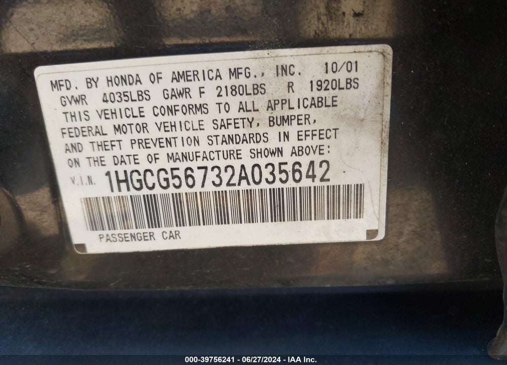2002 HONDA ACCORD 2.3 SE VIN: 1HGCG56732A035642