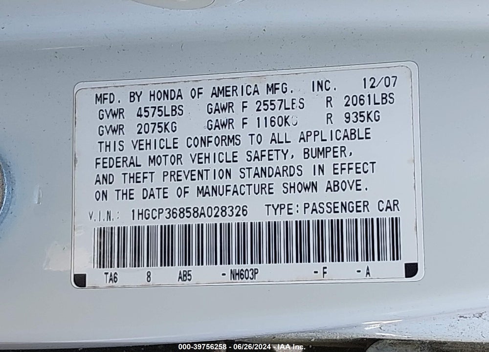 2008 HONDA ACCORD 3.5 EX-L VIN: 1HGCP36858A028326