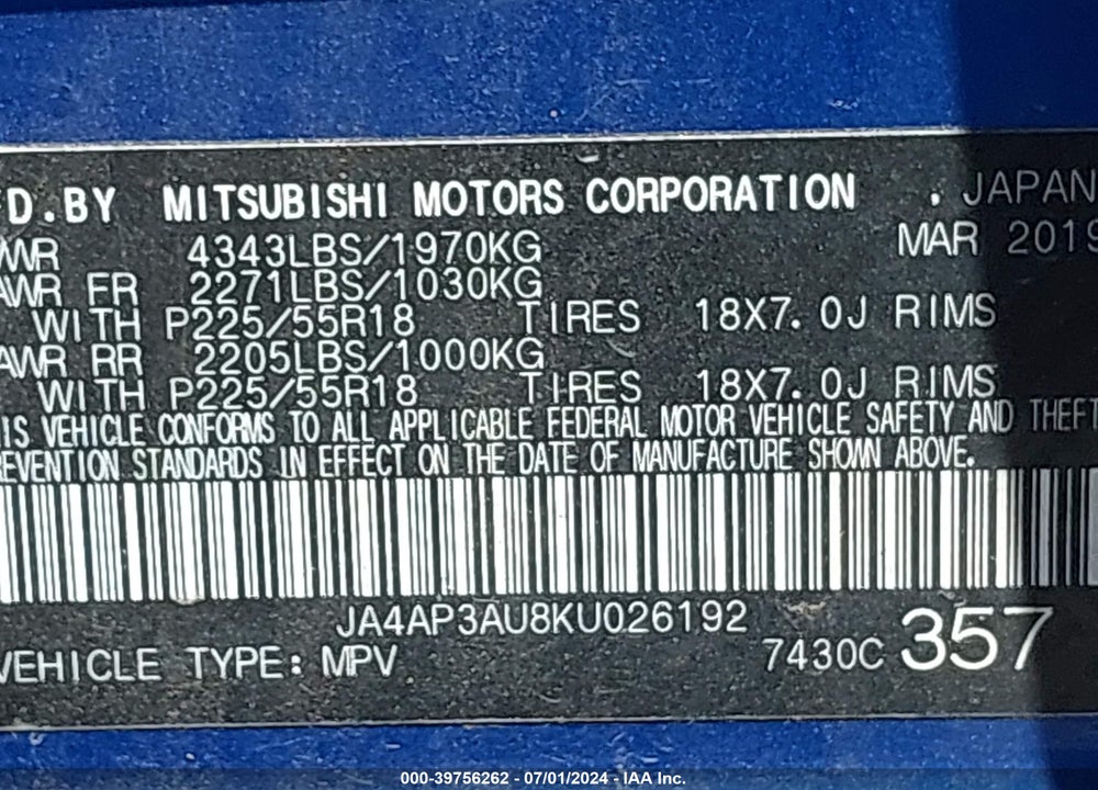 2019 MITSUBISHI OUTLANDER SPORT 2.0 ES VIN: JA4AP3AU8KU026192