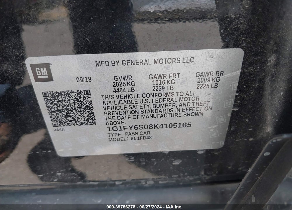 2019 CHEVROLET BOLT EV LT VIN: 1G1FY6S08K4105165