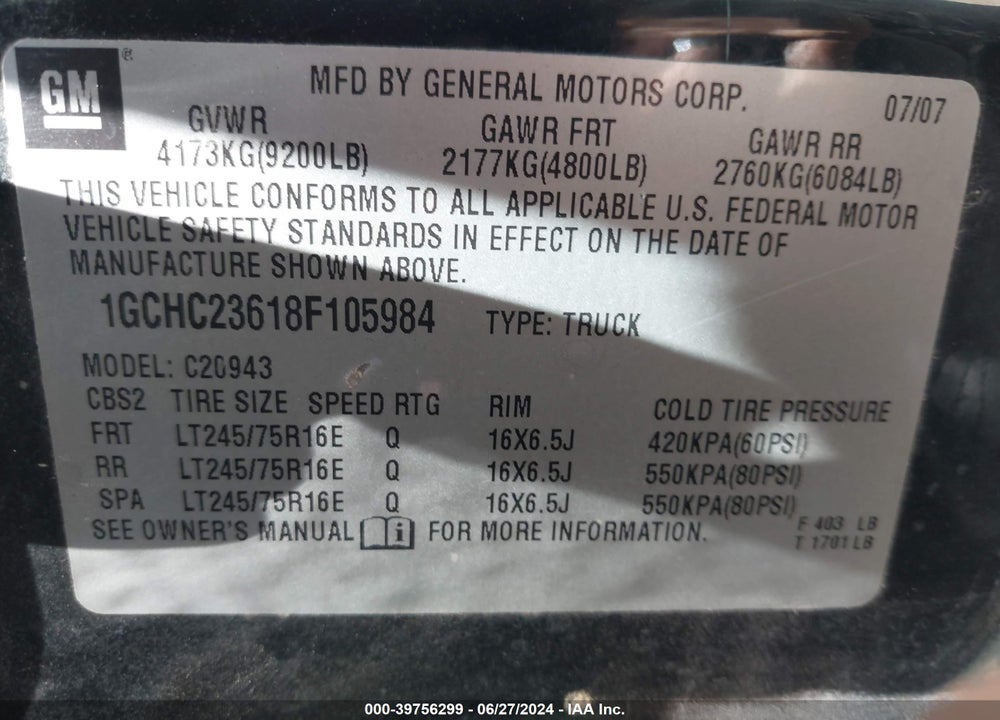 2008 CHEVROLET SILVERADO 2500HD LT2 VIN: 1GCHC23618F105984