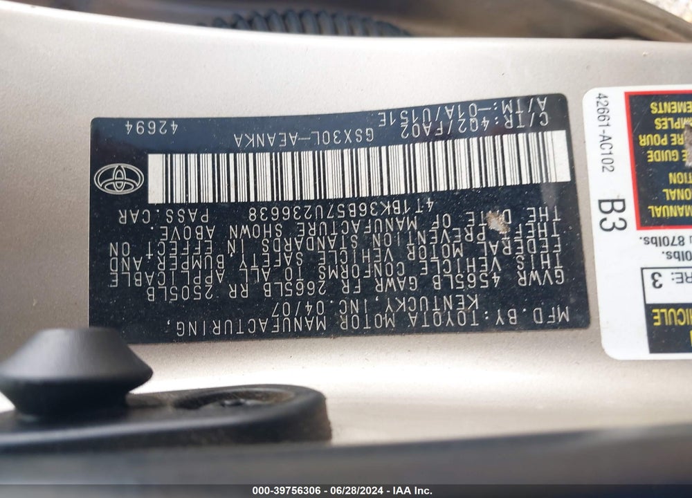 2007 TOYOTA AVALON XL VIN: 4T1BK36B57U236638