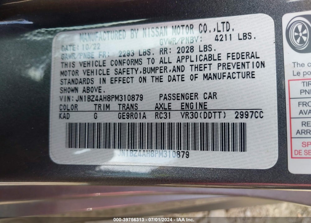 2023 NISSAN Z SPORT AUTO VIN: JN1BZ4AH8PM310879