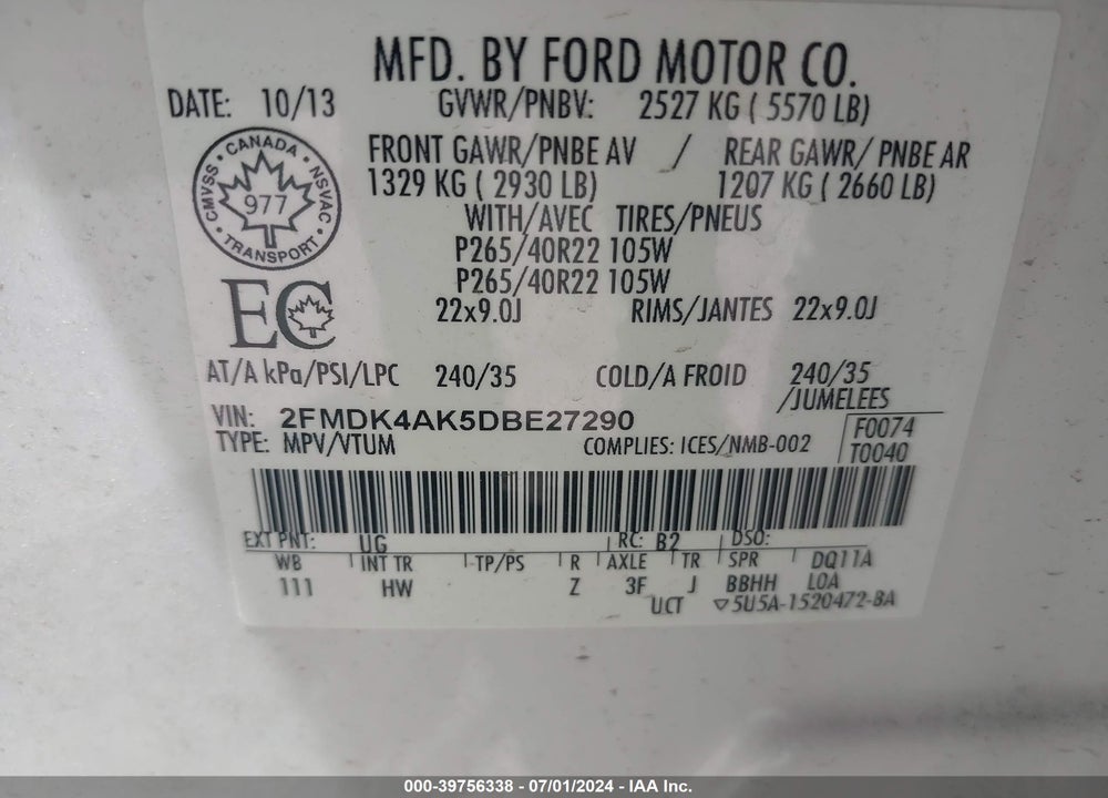 2013 FORD EDGE SPORT VIN: 2FMDK4AK5DBE27290