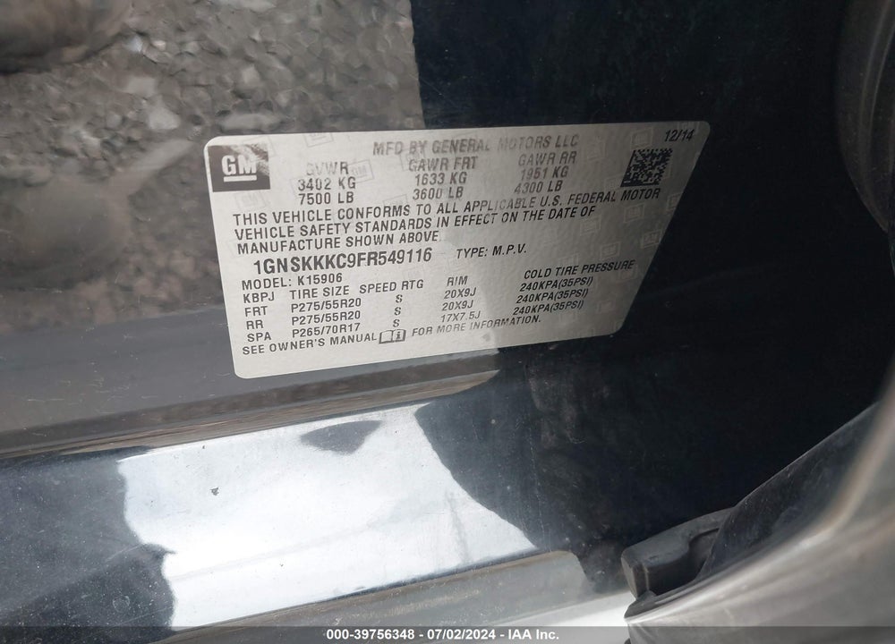 2015 CHEVROLET SUBURBAN 1500 LTZ VIN: 1GNSKKKC9FR549116