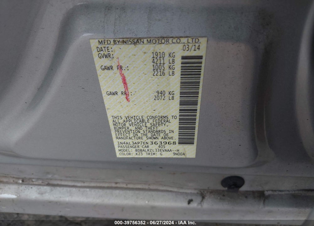 2014 NISSAN ALTIMA 2.5 S VIN: 1N4AL3AP7EN363968