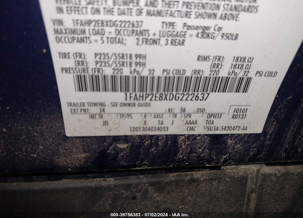 2013 FORD TAURUS SEL VIN: 1FAHP2E8XDG222637
