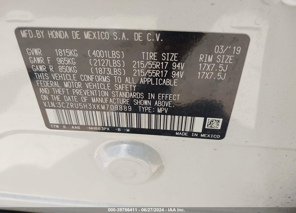 2019 HONDA HR-V LX VIN: 3CZRU5H3XKM709889