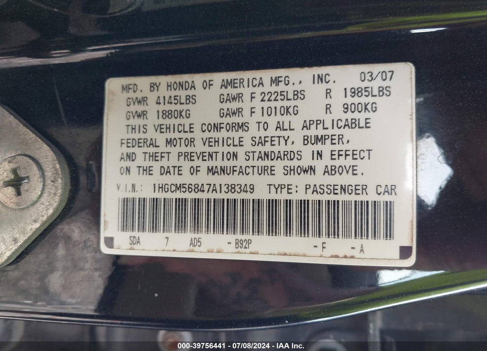2007 HONDA ACCORD 2.4 EX VIN: 1HGCM56847A138349
