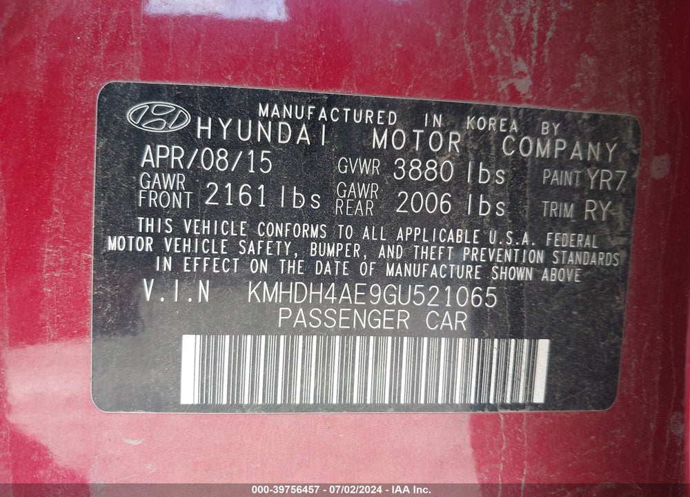 2016 HYUNDAI ELANTRA VALUE EDITION VIN: KMHDH4AE9GU521065