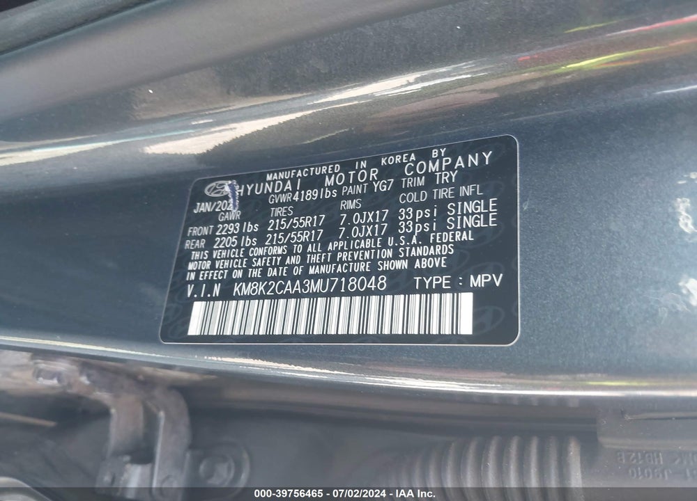 2021 HYUNDAI KONA SEL VIN: KM8K2CAA3MU718048