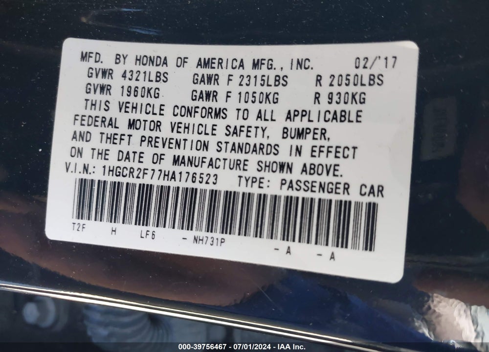 2017 HONDA ACCORD EX VIN: 1HGCR2F77HA176523