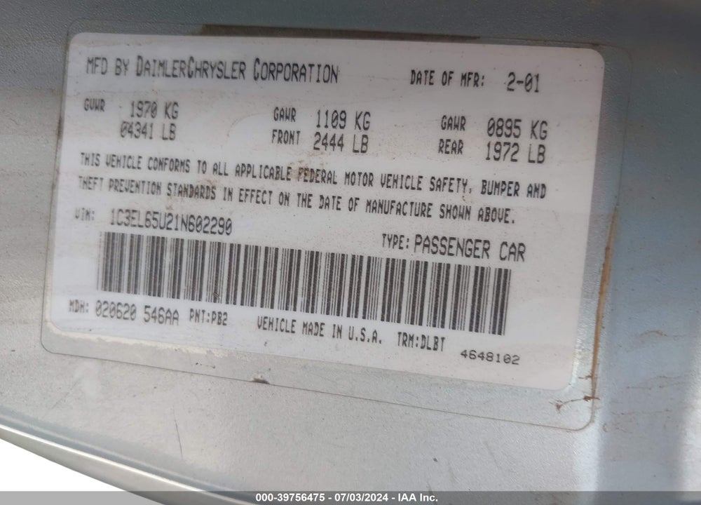 2001 CHRYSLER SEBRING LIMITED VIN: 1C3EL65U21N602290