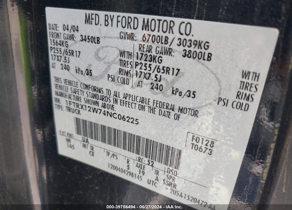 2004 FORD F-150 STX/XL/XLT VIN: 1FTRX12W74NC06225