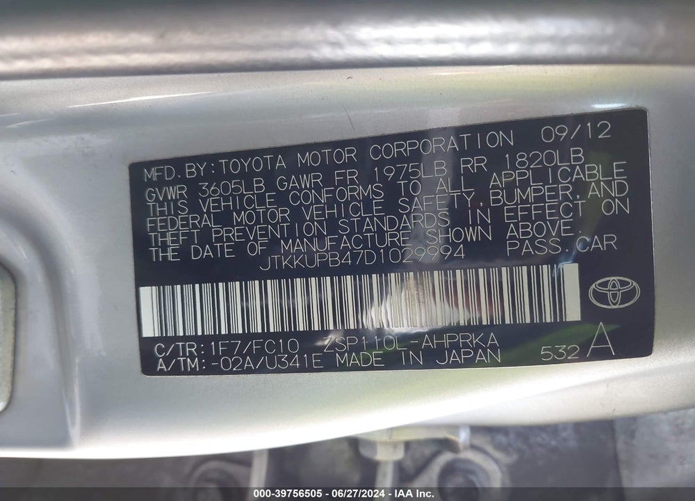 2013 SCION XD VIN: JTKKUPB47D1029994