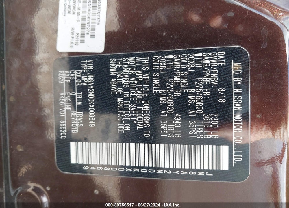 2019 NISSAN ARMADA SL VIN: JN8AY2ND0KX008649