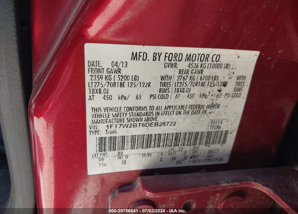 2013 FORD F-250 VIN: 1FT7W2BT6DEB28722