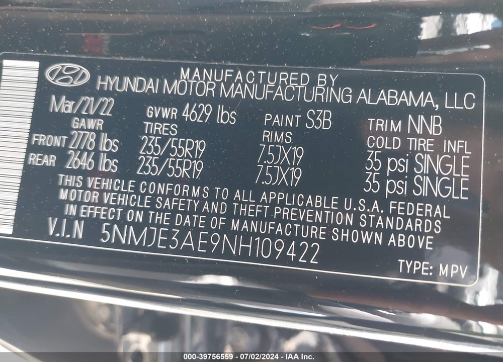 2022 HYUNDAI TUCSON LIMITED VIN: 5NMJE3AE9NH109422