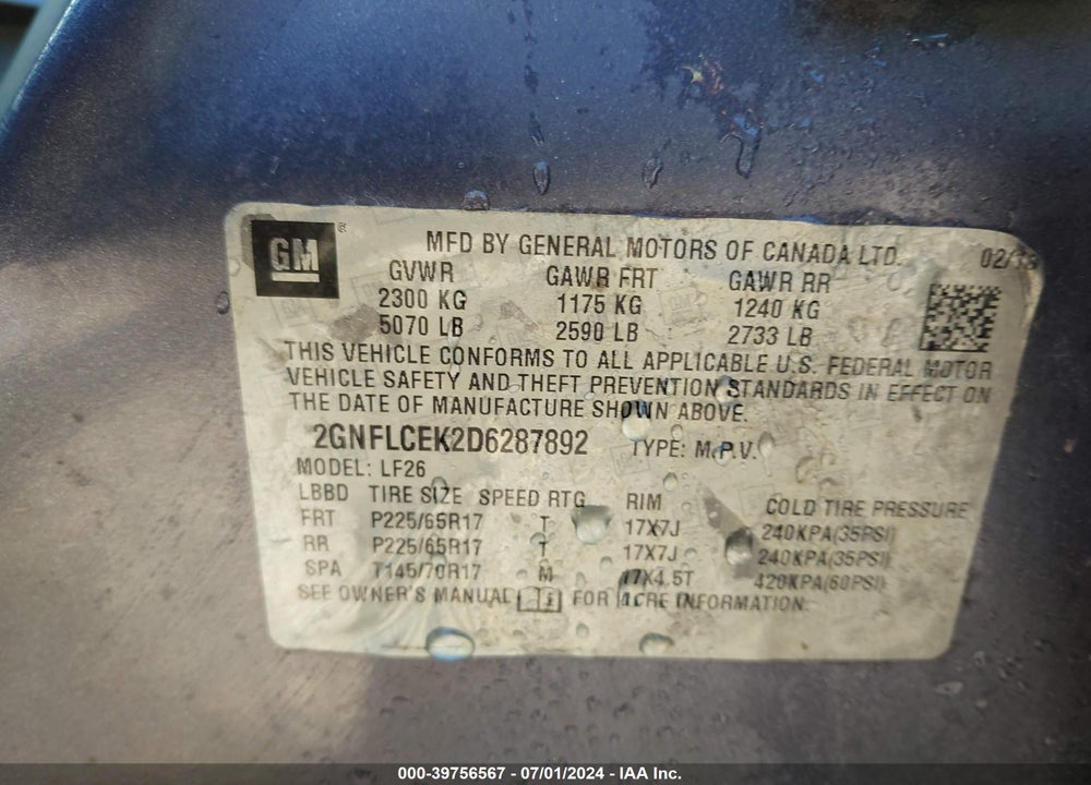 2013 CHEVROLET EQUINOX LS VIN: 2GNFLCEK2D6287892