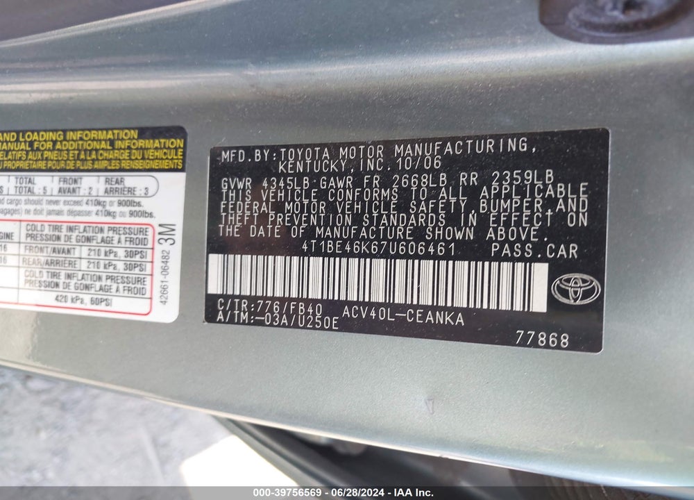 2007 TOYOTA CAMRY LE VIN: 4T1BE46K67U606461