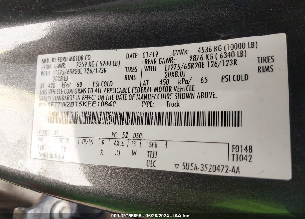 2019 FORD F-250 PLATINUM VIN: 1FT7W2BT5KEE10640
