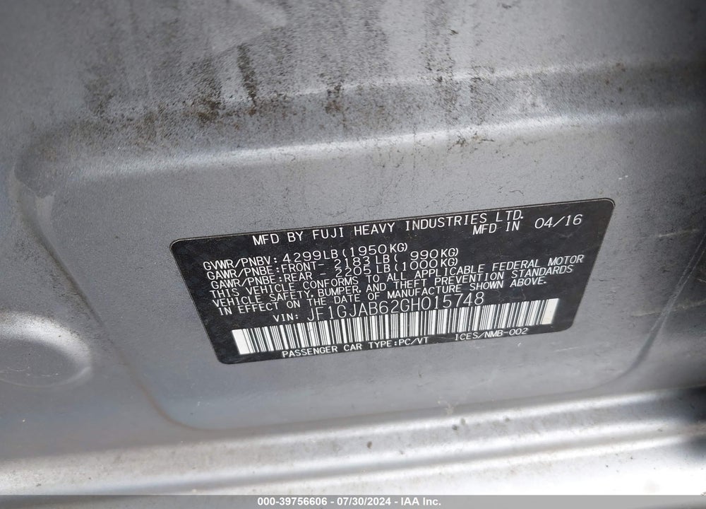 2016 SUBARU IMPREZA 2.0I PREMIUM VIN: JF1GJAB62GH015748