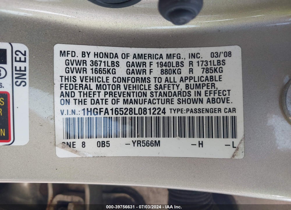 2008 HONDA CIVIC LX VIN: 1HGFA16528L081224