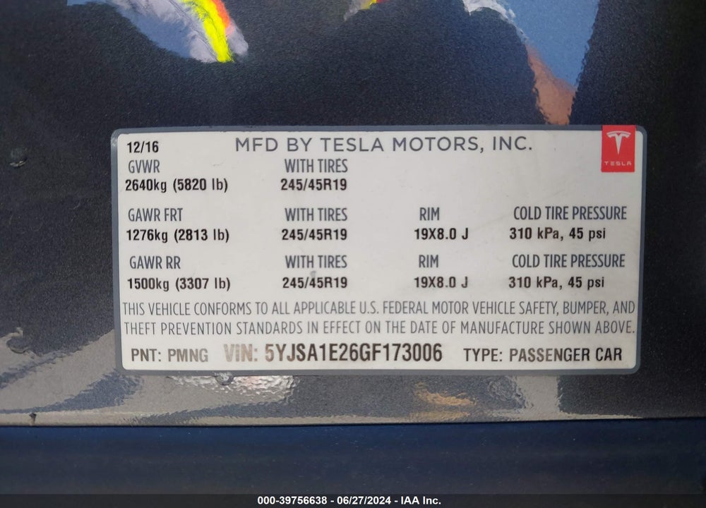 2016 TESLA MODEL S 60D/70D/75D/85D/90D VIN: 5YJSA1E26GF173006