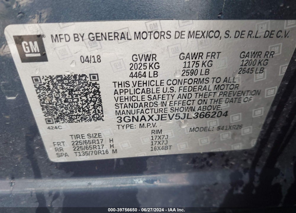 2018 CHEVROLET EQUINOX LT VIN: 3GNAXJEV5JL366204