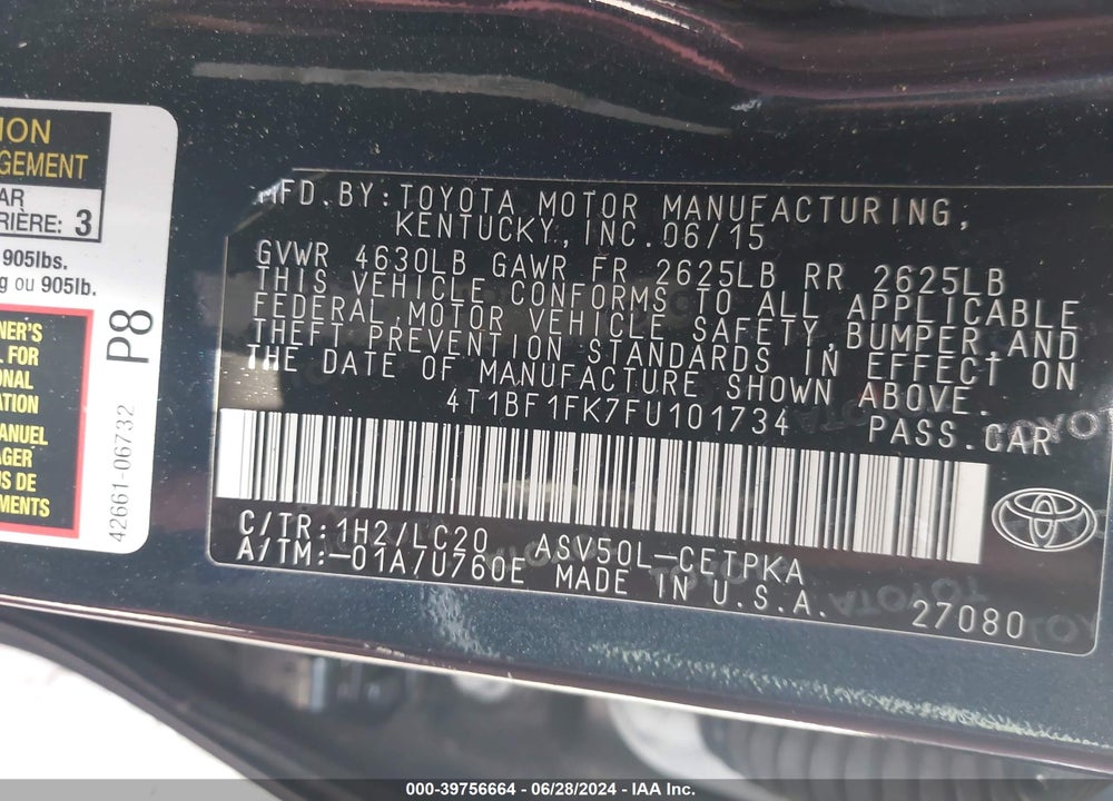 2015 TOYOTA CAMRY XSE VIN: 4T1BF1FK7FU101734